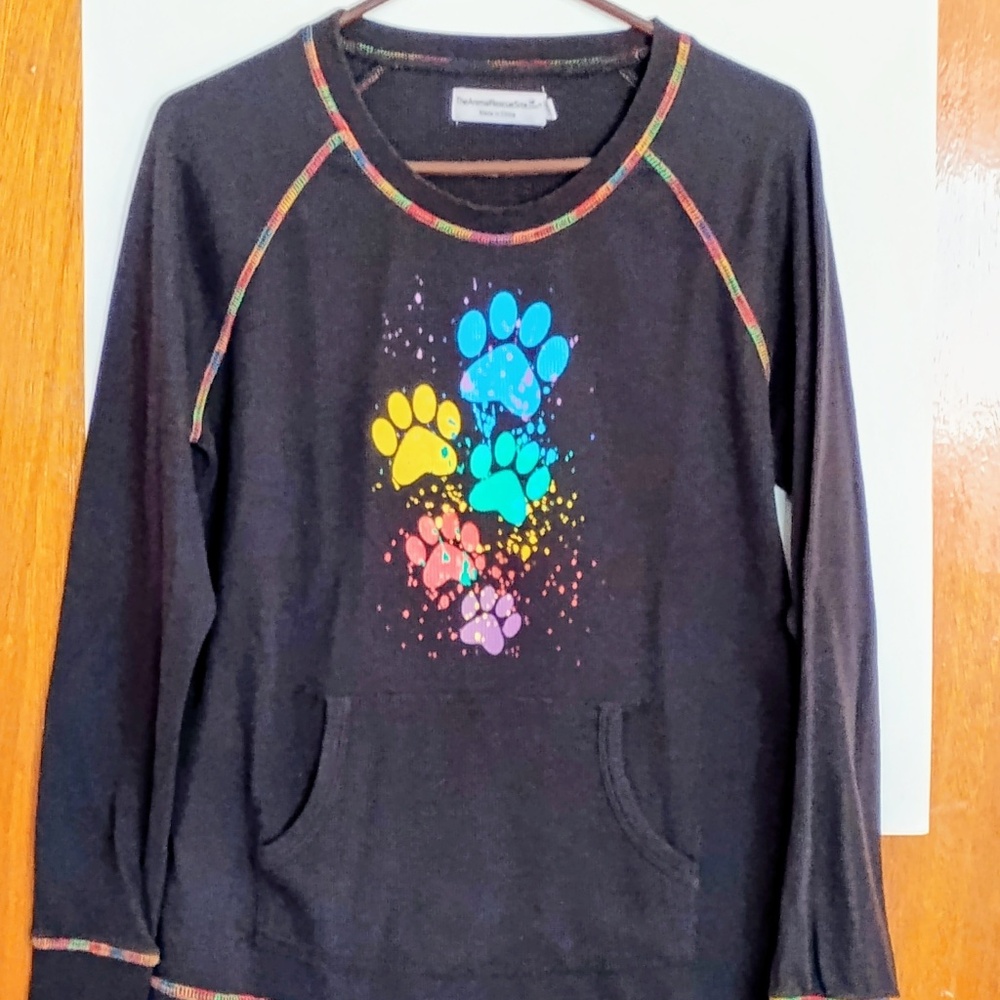 Black With Multi Paw Prints Warm Jersey with Front Pocket Long-Sleeved Shirt